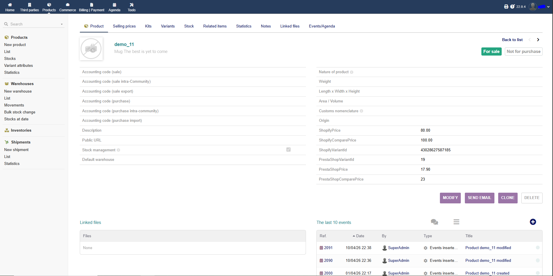 Dolibarr product card with woocommerce_variant_id field