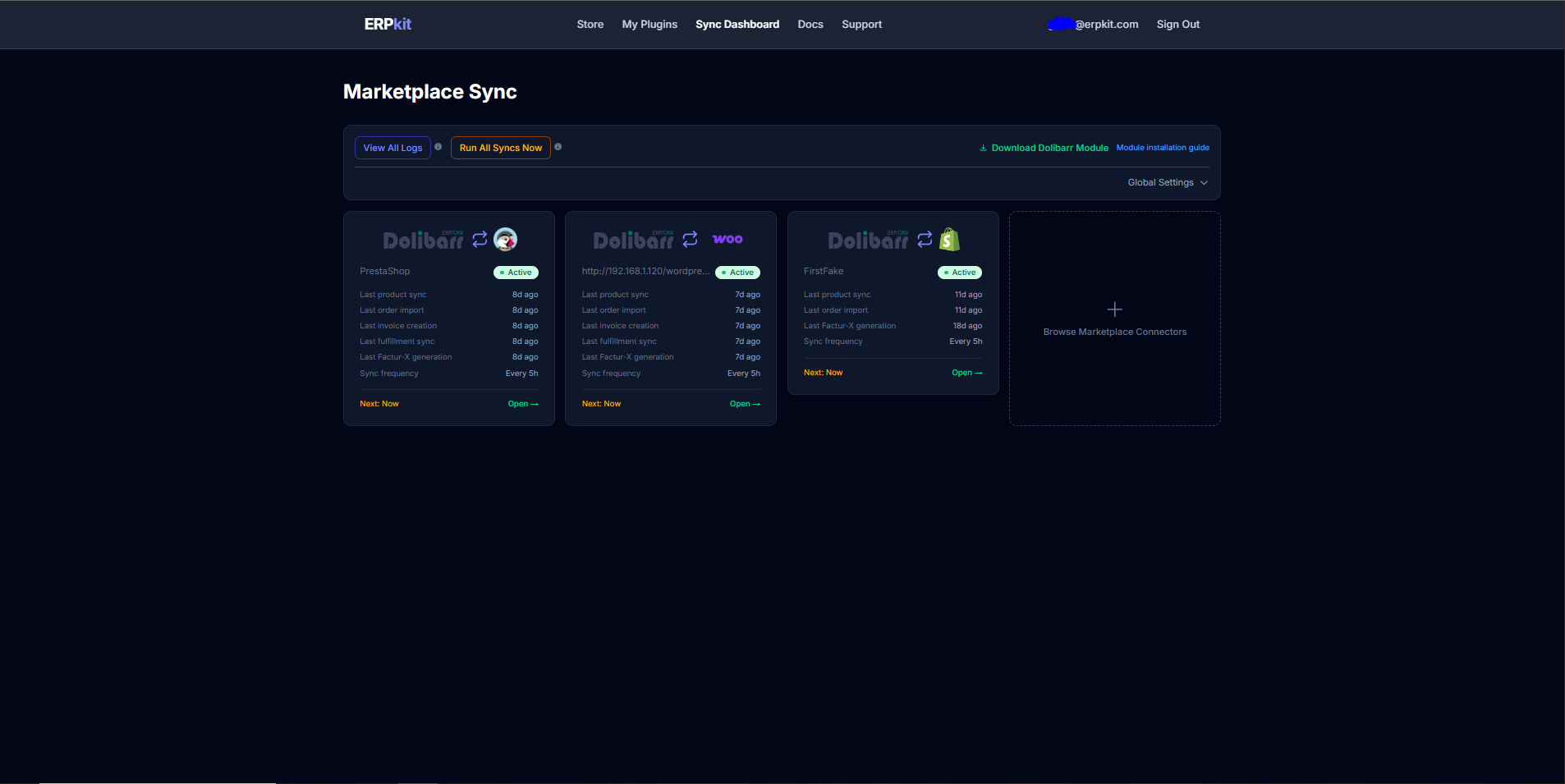 ERPkit dashboard showing sync configurations