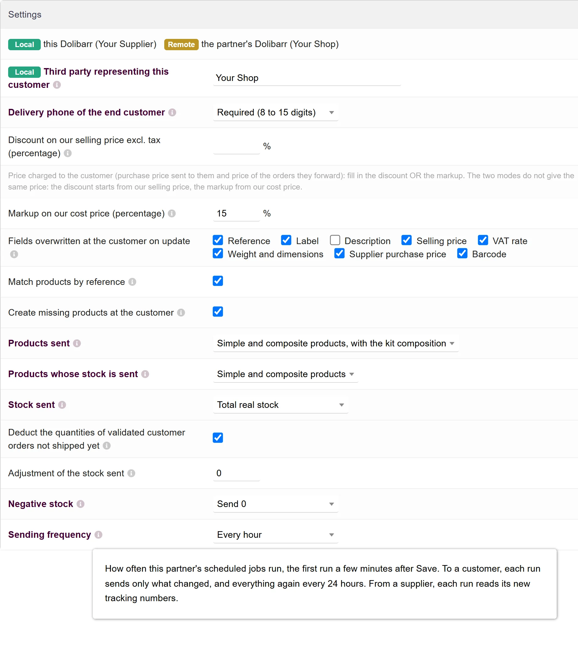 A connected customer record's settings: the reseller's third party, delivery phone, discount or markup, the products sent and the stock rules, each with a tooltip; the Sending frequency one is open.