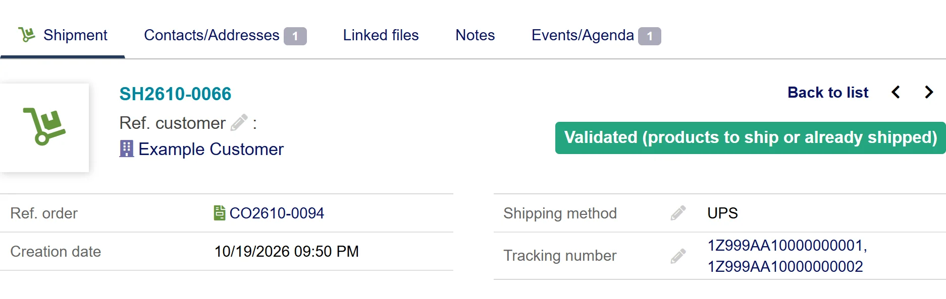 A reseller shipment with the carrier and the two parcel numbers of one supplier order, copied from the supplier.