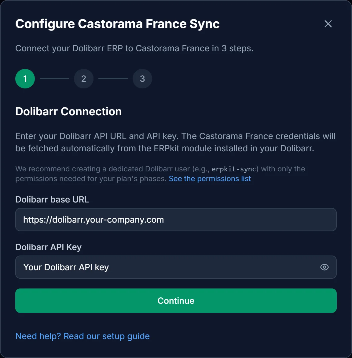 L'assistant de configuration ERPkit pour Castorama France demande l'URL et la clé API de votre Dolibarr.