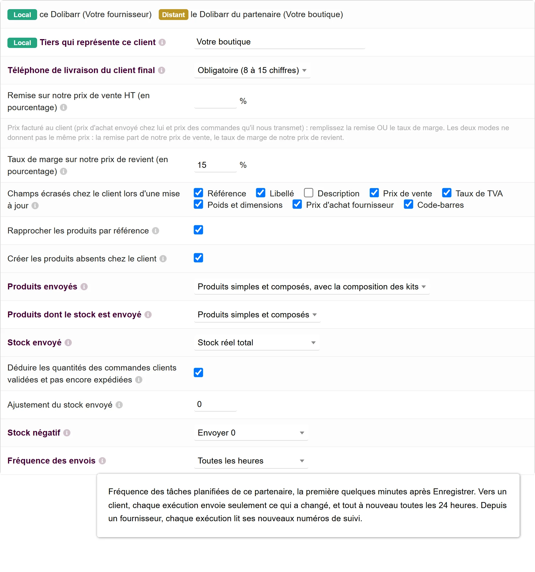 Les réglages d'une fiche client connectée chez le fournisseur : tiers du revendeur, remise, produits envoyés et règles de stock, chacun avec son infobulle.