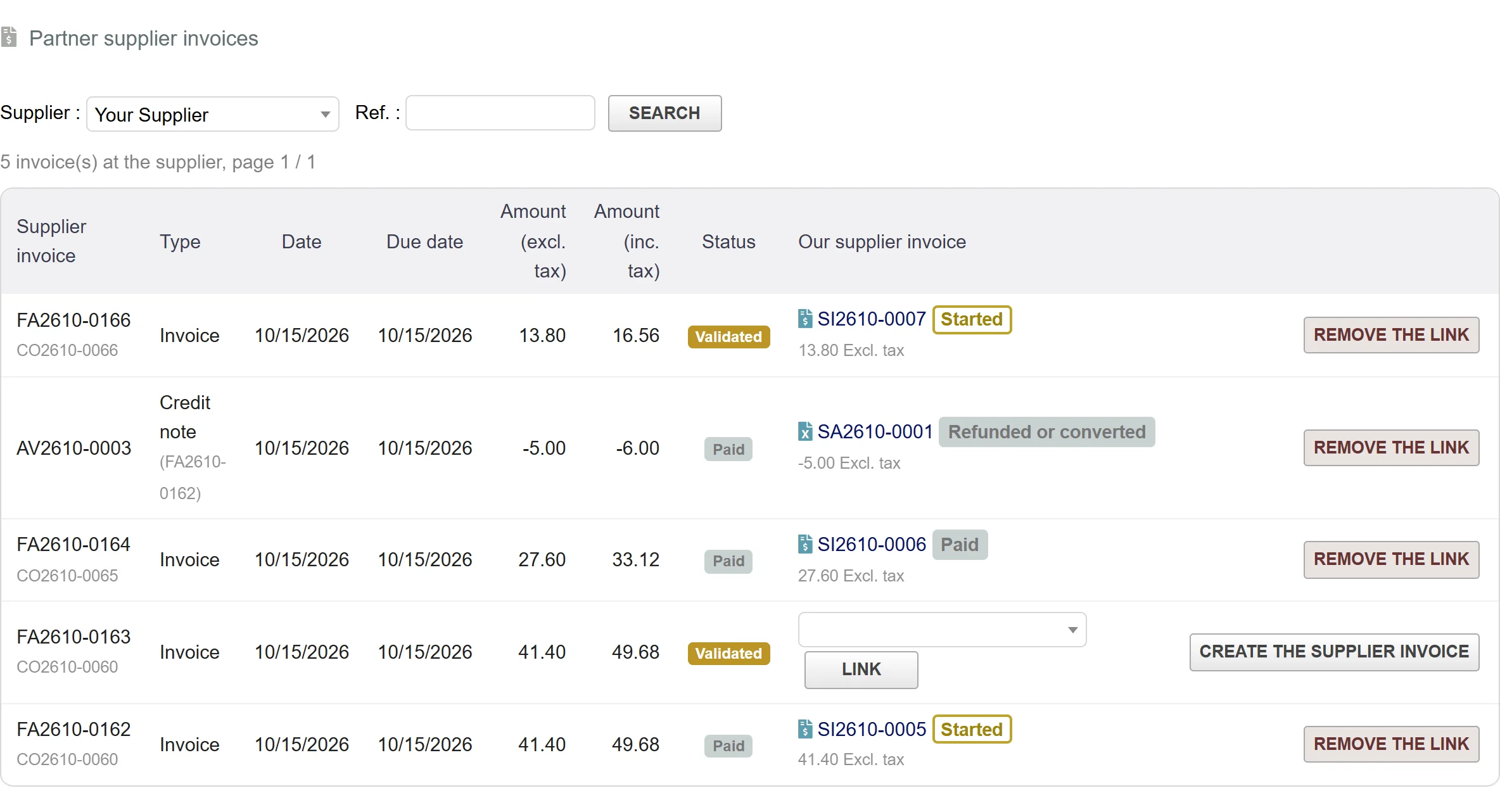 The Partner supplier invoices page lists the supplier's invoices, those already linked, and Create or Link for the others.