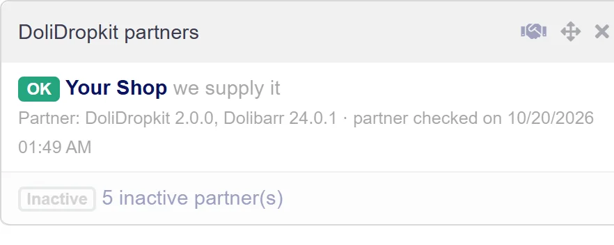 The DoliDropkit partners widget on the Dolibarr home page, with a green line for a partner where everything works.
